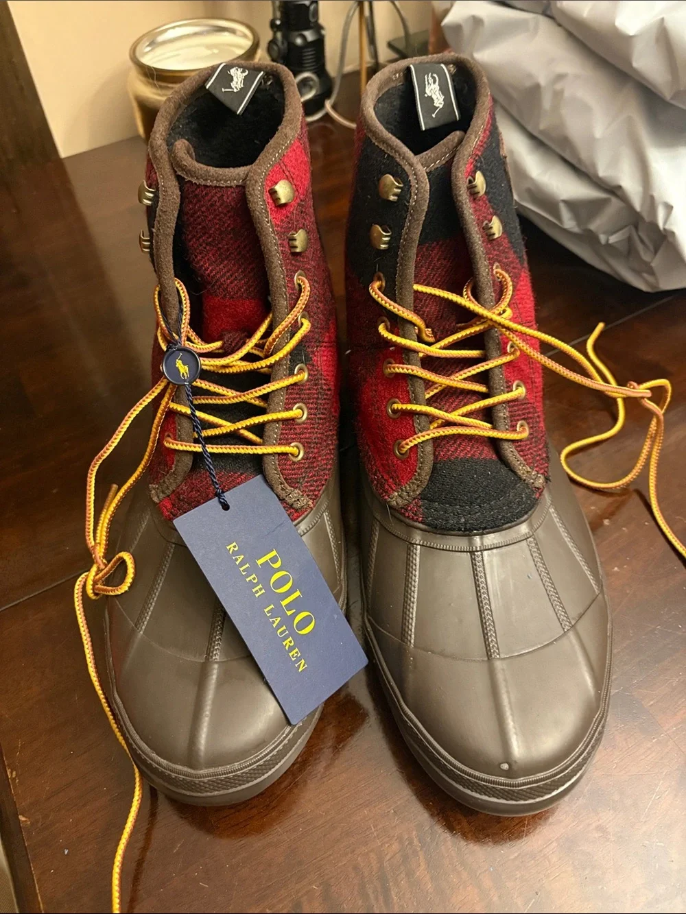 Polo by Ralph Lauren Red Plaid & Brown Rubber Duck Boots